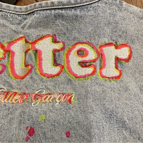 Men’s Light Wash Blue Jean Vest Neon Paint Splatter Open Front Pockets L - Picture 12 of 16